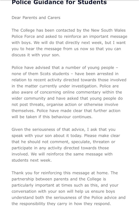 An email to parents about the police action and warning to others about threats.