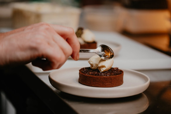 Desserts include the dark chocolate and pecan tart, with mascarpone and smoked sugar. 