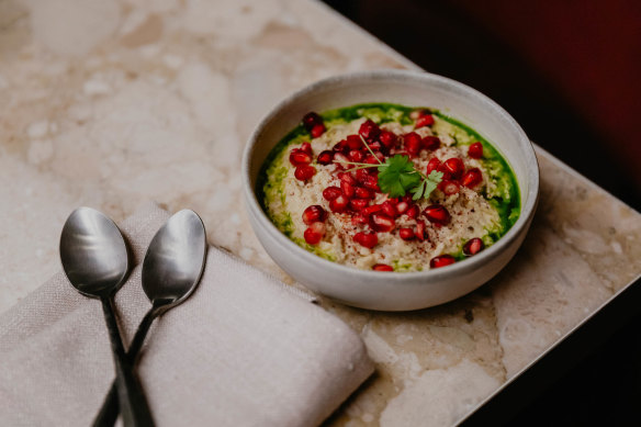 Baba ganoush with lemon juice, olive oil and pomegranate.