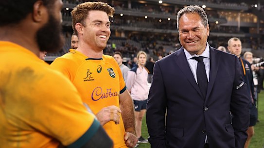 Winners are grinners: Andrew Kellaway and Dave Rennie.