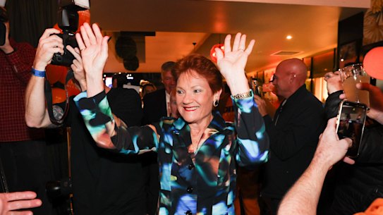 Pauline Hanson enters the One Nation election party at the Bended Elbow in Albury on Saturday night.