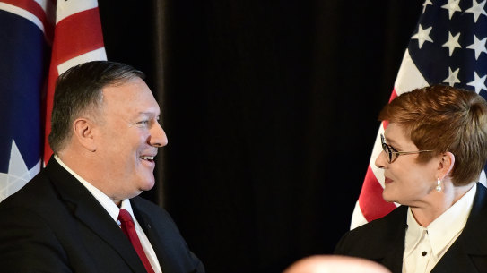 US Secretary of State Mike Pompeo and Australian Foreign Affairs Minister Marise Payne at a joint media conference in Sydney after meeting to discuss strategic developments and to strengthen the alliance this month. 