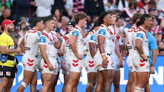 The Dragons look on after conceding yet another try on Saturday.