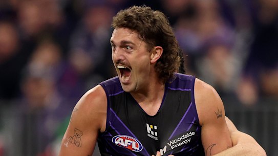 Luke Jackson of the Dockers celebrates a goal.