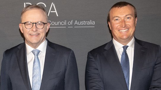 Prime Minister Anthony Albanese with Business Council of Australia president Tim Reed, outgoing chief executive Jennifer Westacott and her successor, Bran Black.