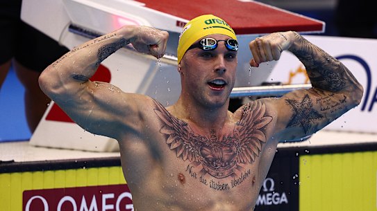 Kyle Chalmers celebrates winning gold in the 100m freestyle.
