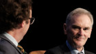 Former ASIC chairman Greg Medcraft speaks to the AFR’s James Eyers at the Australian Financial Review Property Summit in Sydney on Tuesday. 