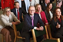 From left: Matt Gregg (Deakin, Victoria); Kara Cook (Bonner, Queensland); Jo Briskey (Maribyrnong, Victoria); Richard Dowling (Tasmania); Julie-Ann Campbell (Moreton, Queensland); Rowan Holzberger (Forde, Queensland); Anthony Albanese (Prime Minister); Corinne Mulholland (Queensland); Rebecca White (Lyons, tasmania); Matt Smith (Leichhardt, Queensland); Josh Dolega (Tasmania); Jess Teesdale (Bass, Tasmania); Ali France (Dickson, Queensland); Sarah Witty (Melbourne, Victoria); Emma Comer (Petrie, Queensland); Madonna Jarrett (Brisbane, Queensland); Gabriel Ng (Menzies, Victoria); Ellie Whiteaker (Western Australia); Charlotte Walker (South Australia); Zhi Soon (Banks, NSW); Tom French (Moore, WA); Renee Coffey (Griffith, Qld); Alice Jordan-Baird (Gorton, Vic); Claire Clutterham (Sturt, SA); Trish Cook (Bullwinkel, WA); Ash Ambihaipahar (Barton, NSW); Carol Berry (Whitlam, NSW); Basem Abdo (Calwell, Vic); David Moncrieff (Hughes, NSW). 