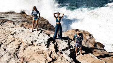 Models wearing Aqua Blu (left and right) and Bondi Born (centre), two brands that are putting the focus on swimwear at Mercedes-Benz Fashion Week Australia.