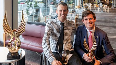 Tye Angland and Colette’s trainer James Cummings celebrate last year’s Golden Eagle win for the Team Tye Foundation.