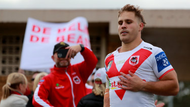 Dragons player Jack De Belin runs onto the field in NSW Cup on his return to the game. He will return to the NRL on the bench for the Dragons on Thursday night.