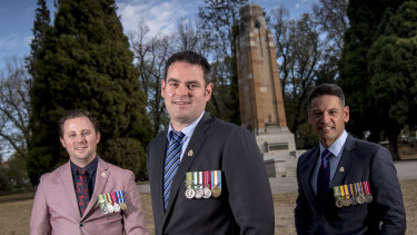 Anti-pokie reform candidates for the RSL, left to right: Lucas Moon, Dan Cairnes and Dave Petersen in front of the Cenotaph at the St James Park in Hawthorn.