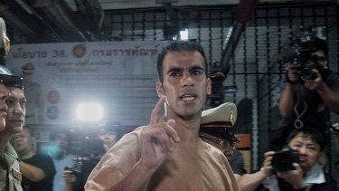 Hakeem al-Araibi arrives at a Thai court for his extradition hearing on Monday.