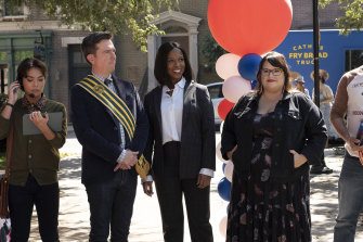 As Nathan Rutherford, Ed Helms (pictured with Dana L. Wilson and Jana Schmieding) has a serious case of ancestor worship in the culture-class comedy Rutherford Falls.