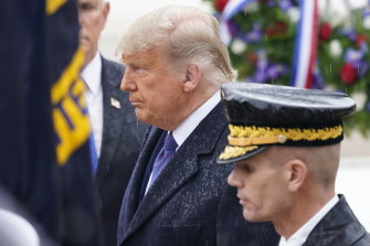 President Donald Trump at a National Veterans' Day ceremony on Wednesday, one of a few times he's been seen in public since the election.