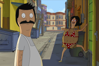 Bob Belcher (voiced by H. Jon Benjamin) and Linda Belcher (voiced by John Roberts) in The Bob’s Burgers Movie.