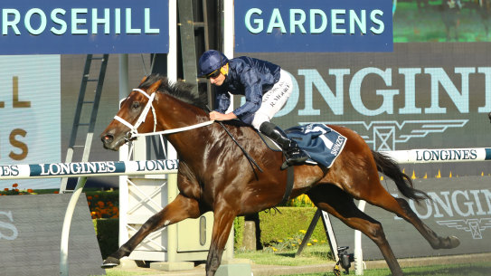 Ryan Moore  wins the Golden Slipper on  Shinzo  at Rosehill on Saturday.