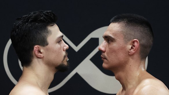 Joey Spencer (left) and Tim Tszyu face off during the week.