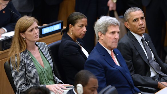 Samantha Power left, the then-US ambassador to the UN with Susan Rice, John Kerry and President Barack Obama in September, 2014.