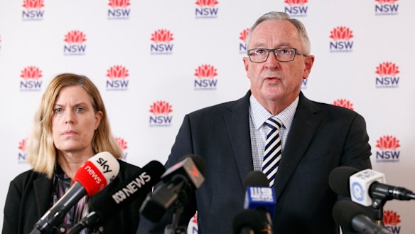 Health Minister Brad Hazzard and Dr Kerry Chant speak to the press at NSW Ministry for Health in Sydney on Monday, March 16, 2020.
