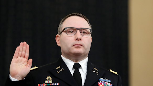 National Security Council aide Lieutenant Colonel Alexander Vindman is sworn in to testify before the House Intelligence Committee on Capitol Hill in November. 