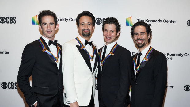 From left: Hamilton choreographer Andy Blankenbuehler, writer and star Lin-Manuel Miranda, director Thomas Kail and music director Alex Lacamoire  at the Kennedy Center Honors in 2018.