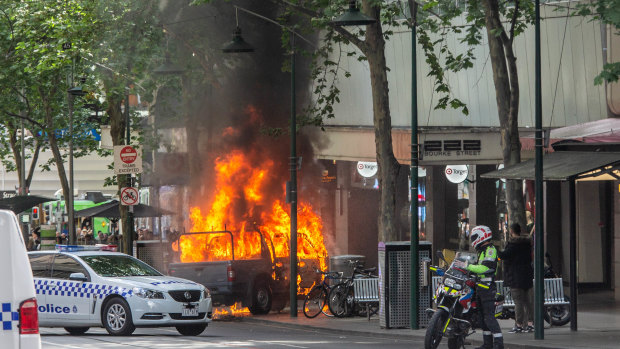 The car fire on Bourke Street in Melbourne