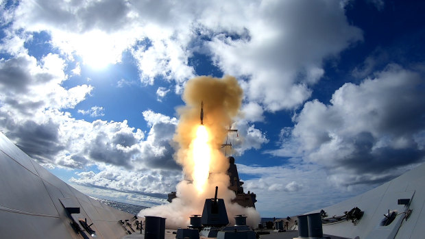 HMAS Hobart conducts a live fire exercise using the vertically launched RIM-66 Standard Missile 2 (SM2) as a test of capability before proceeding to their Unit Readiness Evaluation (URE).
