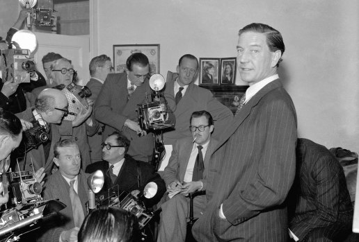 Former British diplomat Kim Philby, who was at that time accused of spying for Russia, during a press conference at his parents' home in London, 1955.