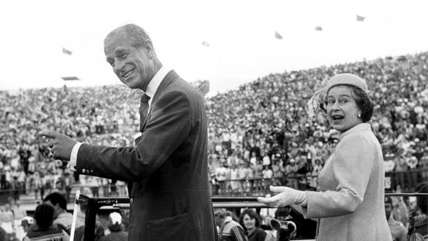 Queen Elizabeth and Prince Philip at the closing ceremony of the 1982 Commonwealth Games in Brisbane. 