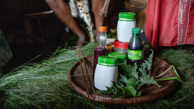 Items used by Muriisa, a herbalist who practices traditional medicine, in the hills of Kabale District, in western Uganda.