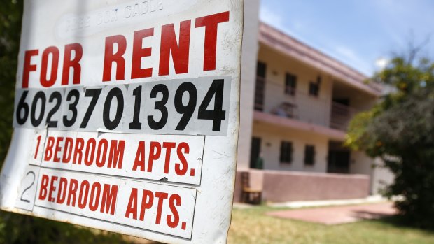 A rental sign is posted in front of an apartment complex in Phoenix, Arizona.