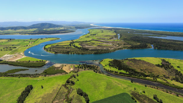 An aerial view of the canal (centre left) connecting the Shoalhaven River (top) with the Crookhaven River (bottom).