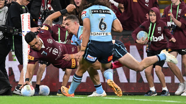 Valentine Holmes scores his second try of Origin II.