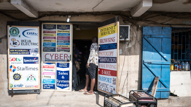 A cyber cafe in Lagos, Nigeria, on April 18, 2019. These cafes are frequented by scammers who refer to themselves as “Yahoo Boys,” a nod to the online chat service Yahoo Messenger where love scams gained traction nearly 20 years ago. 