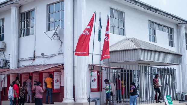 A bank in Owerri, Nigeria, where scammers picked up some of the money sent by Renee Holland. 