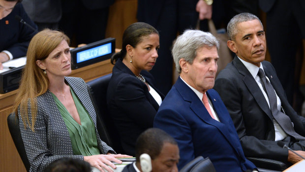 Samantha Power left, the then-US ambassador to the UN with Susan Rice, John Kerry and President Barack Obama in September, 2014.