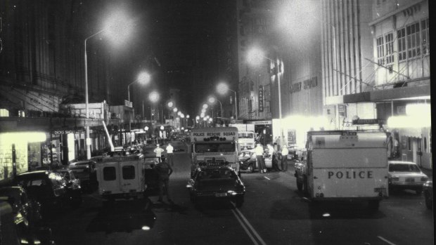 Police and rescue vehicles rushed to the Sydney Hilton after the bomb blast early on February 13, 1978.