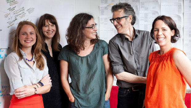 The Serial staff, from left: Dana Chivvis, Emily Condon, Sarah Koenig, Ira Glass and Julie Snyder. 
