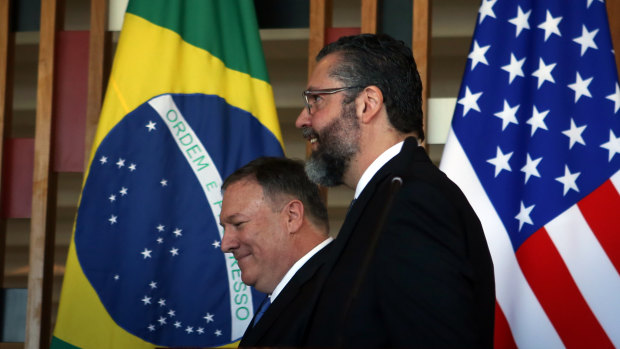 US Secretary of State Mike Pompeo and Brazilian Foreign Minister Ernesto Araujo at the Itamaraty Palace in Brasilia on Wednesday.