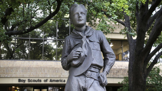 A Scout statue stands outside the Boys Scouts of America headquarters in Irving, Texas.