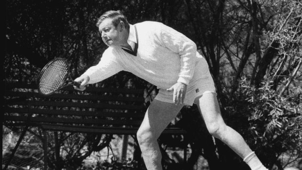 Holding court: Ted Harris fires a forehand at Prime Minister Bob Hawke in 1983.