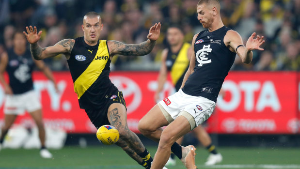 Carlton’s Liam Jones (right) in action against Richmond.