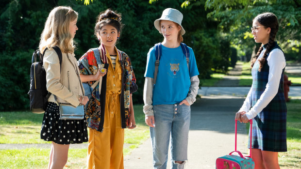 The Baby-Sitters Club: Shay Rudolph as Stacey McGill, Momona Tamada as Claudia Kishi, Sophie Grace as Kristy Thomas, and Malia Baker as Mary Anne Spier.