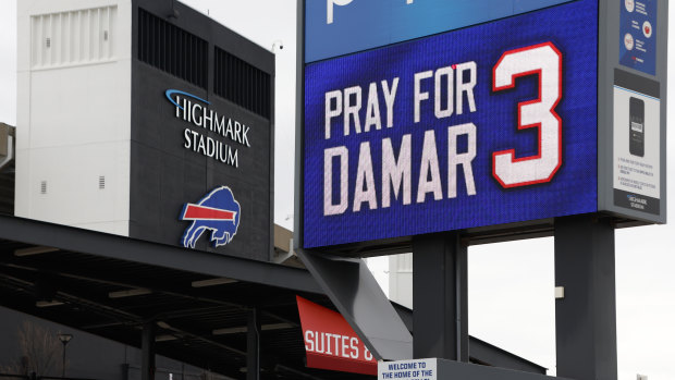 A sign outside Highmark Stadium in New York shows support for injured Buffalo Bills player, Damar Hamlin.