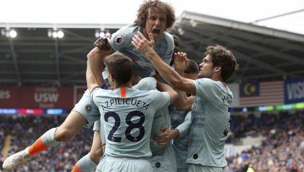 Chelsea players celebrate after Ruben Loftus-Cheek scores against Cardiff City.