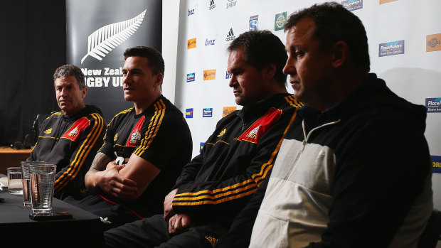 Chiefs assistant Wayne Smith, Sonny Bill Williams, Chiefs head coach Dave Rennie and All Blacks Assistant coach Ian Foster in 2012.
