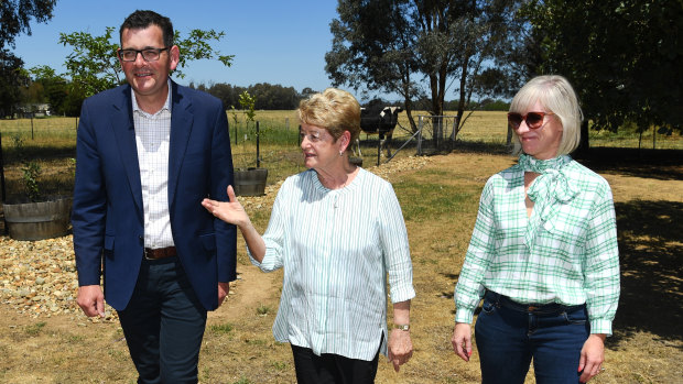 Premier Daniel Andrews visits his mother Jan with wife Cath in Wangaratta. 