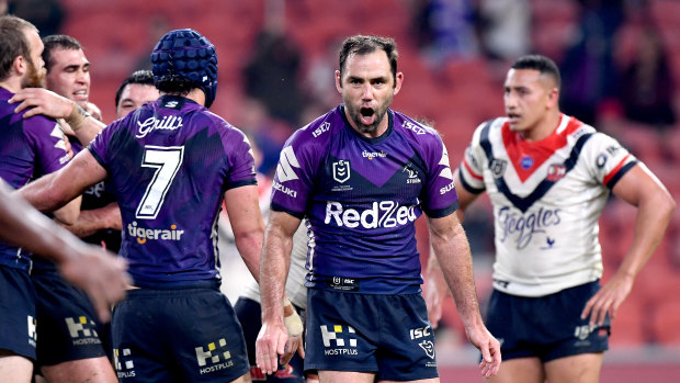 Cameron Smith celebrates the Storm's victory over the Roosters.