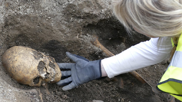 The skeleton of a Viking-age man found buried in a boat in Gamla Uppsala, Sweden.
